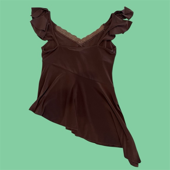 ✨ Brown Lace Trim Flutter Sleeve Top! - Picture 3 of 6